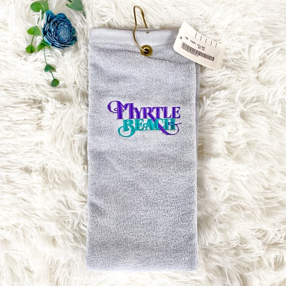 🆕NWT MYRTLE BEACH SILVER TOWEL WITH gold tone hardware & Hook w/purple & teal